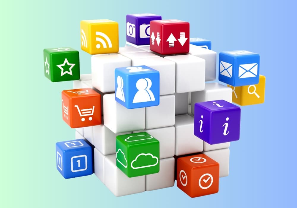 Colorful 3D cubes with app icons representing AI-native digital services and cloud capabilities